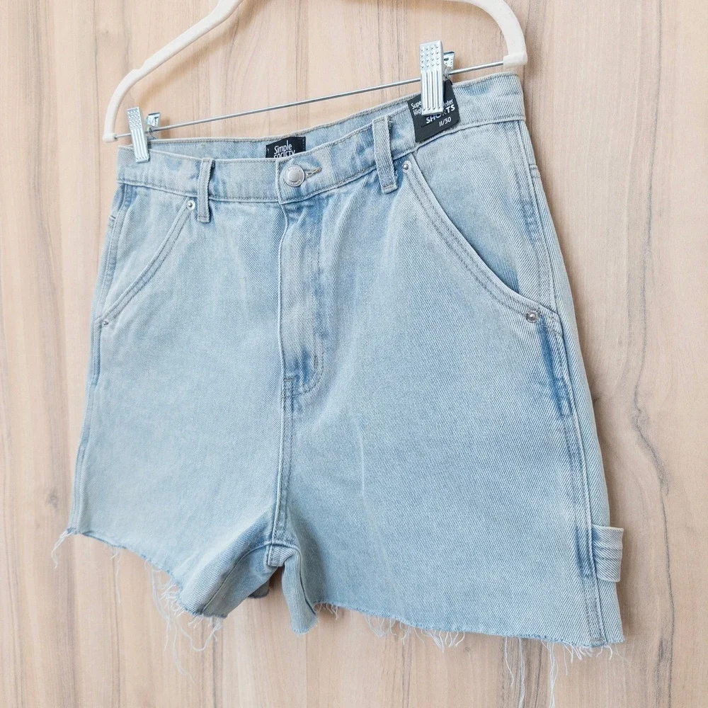 Simple Society Womens Carpenter‎ Denim Shorts 11/30 Blue High Rise Raw Hem 90s